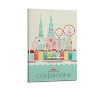 QXYUIN Stampa artistica da parete su tela, motivo: viaggio vintage Copenaghen, Danimarca, con skyline.jpg, decorazione artistica da parete per stanza, 30 x 45 cm, con cornice