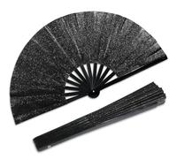 Qyeahkj Ventaglio a mano nero glitterato per uomini e donne grande ventilatore pieghevole a mano rave clack ventilatore portatile cinese Tai Chi Kung Fu ventilatore pieghevole in tessuto decorativo