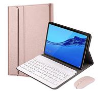 QYiD Custodia con Tastiera e Mouse per Huawei MediaPad M5 Lite 10, Slim Slim PU Case [QWERTY English] Rimovibile Wireless Bluetooth Tastiera per Huawei MediaPad M5 10-Pollici Lite 10.1" 2018, Oro rosa