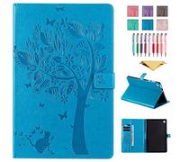 QYiD - Custodia in pelle sintetica per Galaxy Tab A 9.7 SM-T550/P550, motivo: CAT & Tree, con supporto per Samsung Galaxy Tab A 9.7 SM-T550/SM-P550, colore: Blu
