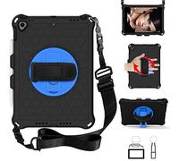 QYiD Custodia per iPad Air 1, Leggera Eva Custodia Bambini Robusta con Portamatite, Hand Tracolla e Kickstand Rotante per Apple iPad Air 1 (A1474 / A1475 / A1476), Nero/Blu