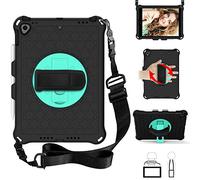 QYiD Custodia per iPad Air 2, Leggera Eva Custodia Bambini Robusta con Portamatite, Hand Tracolla e Kickstand Rotante per Apple iPad Air 2 (A1566 A1567), Nero/Aqua