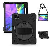 QYiD Custodia per iPad PRO 4th Generation 12.9 inch 2020, Heavy Duty Rigido Antiurto Protettiva con 360 Supporti Girevoli/Cinturino a Mano, Tracolla per iPad PRO 12.9" 2020/2018, Nero