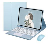 QYiiD Custodia per tastiera touchpad per iPad 2017/2018 9,7" / iPad Air 1 / iPad Air 2, morbida TPU con supporto posteriore con tastiera rotonda trackpad tastiera staccabile e mouse wireless, blu