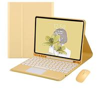 QYiiD Custodia per tastiera touchpad per iPad 2017/2018 9,7" / iPad Air 1 / iPad Air 2, morbida TPU con supporto posteriore con tastiera rotonda trackpad tastiera staccabile e mouse wireless, colore: Giallo
