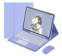 QYiiD Custodia per tastiera touchpad per iPad 2017/2018 9,7" / iPad Air 1 / iPad Air 2, morbida TPU con supporto posteriore con tastiera rotonda trackpad tastiera staccabile e wireless mouse, viola
