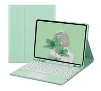 QYiiD Custodia per tastiera touchpad per iPad 2017/2018 9,7" / iPad Air 1 / iPad Air 2, morbida TPU posteriore con simpatico tasto rotondo touchpad tastiera senza fili, portamatite integrato, verde