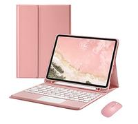 QYiiD Custodia per tastiera touchpad per iPad 2017/2018 9,7" / iPad Air 1 / iPad Air 2, morbida TPU posteriore con simpatico tasto rotondo trackpad tastiera staccabile e wireless mouse, rosa