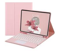 QYiiD Custodia per tastiera touchpad per iPad 2017/2018 9,7" / iPad Air 1 / iPad Air 2, morbida TPU posteriore con simpatico tasto rotondo touchpad tastiera senza fili, portamatite integrato, rosa