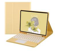QYiiD Custodia per tastiera touchpad per iPad 2017/2018 9,7" / iPad Air 1 / iPad Air 2, morbida TPU posteriore con simpatico tasto rotondo touchpad tastiera senza fili, portamatite integrato, giallo