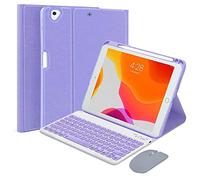 QYiiD Tastiera Custodia e mouse per iPad 9/8/7a generazione 10.2 inch 2021/2020/2019/10.5/Air 3, francese AZERTY tastiera Bluetooth rimovibile magnetica con slot per penna, viola