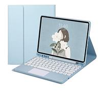 QYiiD Touchpad - Custodia per tastiera per iPad 2017/2018 9,7" / iPad Air 1 / iPad Air 2, morbida TPU posteriore con simpatico tasto rotondo touchpad tastiera senza fili, portamatite integrato, blu