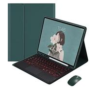 QYiiD TouchPad - Custodia per tastiera per iPad da 10,2 pollici, 9/8/7°, 7 colori, retroilluminata, rimovibile, senza fili, rotondo, con supporto per matite, colore: verde Drak
