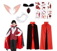 Qylazune 10 costumi di Halloween da vampiro per bambini, include mantello nero rosso da 90 cm, zanne da vampiro, orecchie da elfo, tatuaggi per ferite sanguinanti e girocollo gotico per una festa di