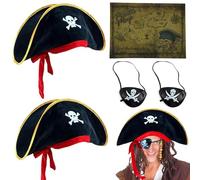 Qylazune Il set di accessori per costume da pirata di Halloween include mappa del tesoro, cappello da pirata con teschio e 2 toppe per gli occhi, dolcetto o scherzetto, mascherata, travestimento