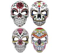 Qylazune Set di 4 maschere per il giorno dei morti con teschio di zucchero, per Halloween e festival messicani, vivaci rivestimenti per il viso calavera per donne e uomini, accessori per feste Día de
