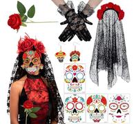Qylazune Set di accessori per costume del giorno dei morti, fascia floreale con velo e tatuaggi per il viso, kit trucco teschio di zucchero per donne, festa di Halloween Dia de Los Muertos include