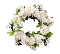 QYLJZB Ghirlanda di peonie artificiali da 40 cm, ghirlanda di fiori artificiali bianca con foglie per porta d'ingresso, parete, finestra, decorazione per feste di nozze