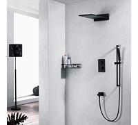 QYMYOZ Modern Copper Concealed Shower Into The Wall Black Fly Rain Thermostat Handheld Shower Set Lifting Rod Waterfall Square Top Spray Belt Faucet 4 Function Beautiful Practic
