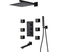 QYMYOZ Sistema di Rubinetto per Doccia a Parete, Set di Rubinetto per Doccia termostatico Nascosto, Set Doccia antiscottatura Nero Opaco a Parete con 6 getti per Il Corpo con so