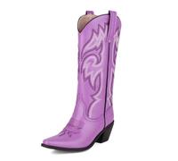Qynthra Donne Ginocchio Alto Stivali Cowboy Pelle Western Design Ricamato Punta Affusolata Tacco A Blocco per Eventi Rodeo,Viola,40 EU
