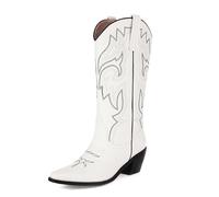 Qynthra Donne Ginocchio Alto Stivali Cowboy Pelle Western Design Ricamato Punta Affusolata Tacco A Blocco per Eventi Rodeo,Bianca,38 EU