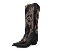 Qynthra Donne Ginocchio Alto Stivali Cowboy Pelle Western Design Ricamato Punta Affusolata Tacco A Blocco per Eventi Rodeo,Nero,46 EU