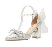 Qynthra Donne Matrimonio Tacchi Cristallo Fiocco Perla Banda Argento Metallizzato Organza Dettaglio Tacco Block Pumps per Serata Gala,Silver (Heel 6cm),43 EU