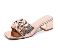Qynthra Mules Comode Donna Sandali Punta Aperta Quadrata Tacco Grosso Fiocco a Volant A Infilare Casual Camminata Quotidiano Scarpe,d'oro,40 EU