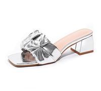Qynthra Mules Comode Donna Sandali Punta Aperta Quadrata Tacco Grosso Fiocco a Volant A Infilare Casual Camminata Quotidiano Scarpe,Argento,41 EU