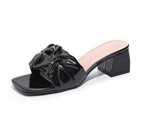 Qynthra Mules Comode Donna Sandali Punta Aperta Quadrata Tacco Grosso Fiocco a Volant A Infilare Casual Camminata Quotidiano Scarpe,Nero,39 EU