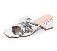 Qynthra Mules Tacco Grosso Donna Sandali Punta Aperta Quadrata Annodato A Infilare Comode Camminata Tutto Il Giorno Casual Scarpe,Argento,37 EU