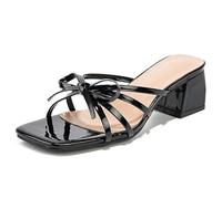 Qynthra Mules Tacco Grosso Donna Sandali Punta Aperta Quadrata Cinturini Sottili Nodo Fiocco A Infilare Comode Camminata Tutto Il Giorno Scarpe,Nero,37 EU