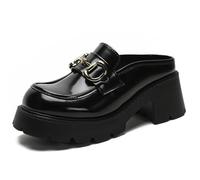 Qynthra Sabot Mocassini in Vera Pelle Dettagli Dorati Mules Oxford Tacco Grosso per Divisa Scolastica e Ufficio Punta Rotonda Suola in PU Resistente,Nero,34 EU