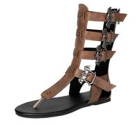 Qynthra Sandali al Ginocchio Stile Romano Donna Reggicalze Stivali Sandali Gladiatori Piatti Anello per l'Alluce Scarpe da Festival Estive Sandali Stile Boho Europeo,Marrone,44 EU