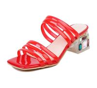 Qynthra Sandali Donna 5CM Tacco a Blocco Quadrato Decorati con Strass Punta Aperta Mules da Sera Raffinati Slides da Sera Tacchi Classici Estivi per Cene Formali ed Eventi Sociali,Rosso,42 EU