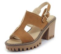 Qynthra Sandali Donna Suède Piattaforma Tacco A Blocco Gladiatori Punta Aperta Scarpe Eleganti Tacco Massiccio Cinturino alla Caviglia per Vacanza Estiva E Festa,Tan,41 EU