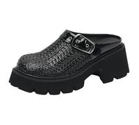 Qynthra Sandali Donna Tacco Grosso Platform Slip On Punta Rotonda Sabot Clogs Intrecciati Scarpe Estive per Vacanza Viaggio e Daily Wear,Nero,40 EU