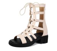 Qynthra Sandali Gladiatori Mezzo Polpaccio Donna Allacciatura Tacco Massiccio Borchiati Stivaletti da Combattimento con Piattaforma Punta Aperta Passeggiata in Città e Serata,Beige,41 EU