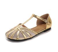 Qynthra Sandali Mesh Traspiranti Piatti Cinturino A T Intrecciato Punta Tonda Scarpe Casual per Passeggio Viaggio Estivo,d'oro,36 EU