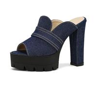 Qynthra Sandali Mules con Piattaforma Donna Tacco a Blocco Massiccio Tessuto Denim Punta Peep Toe High Heel Slides Scarpe da Sera per Festa Casual e Incontro Sociale,Dark,38 EU