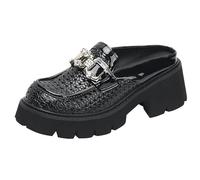 Qynthra Scarpe Casual Donna Tacco Grosso Platform Slip On Punta Rotonda Mocassini con Strass Traspiranti per Uso Quotidiano e Outdoor Leggere,Nero,40 EU