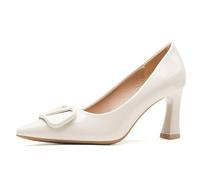 Qynthra Scarpe da Sposa Donna in Vernice a Punta Tacco Largo per Matrimonio Mary Jane Eleganti Bianco Sporco per Damigella Tacchi Alti,Beige,41 EU
