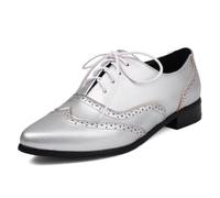 Qynthra Scarpe Eleganti Basse Donna Punta Affusolata Stringate Oxford Brogues con Dettagli Traforati Vintage Tacco Basso per Ufficio E Styling Weekend Casual Microfibra,Argento,38 EU