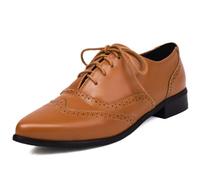 Qynthra Scarpe Eleganti Basse Donna Punta Affusolata Stringate Oxford Brogues con Dettagli Traforati Vintage Tacco Basso per Ufficio E Styling Weekend Casual Microfibra,Marrone,36 EU