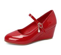 Qynthra Scarpe Mary Jane con Cuneo in Pelle Verniciata per Donna con Dettaglio Charm Cristallo e Cavigliera per Matrimonio Festa ed Eventi Formali,Rosso,38 EU