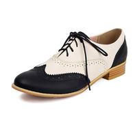 Qynthra Scarpe Oxford Brogue Bicolore Nero Bianco da Donna Design Wingtip con Lacci Pelle Forata Punta Tonda Tacco Basso a Blocco Stile Classico Inglese Basse,Nero,42 EU