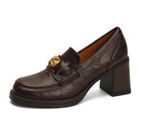 Qynthra Scarpe Uniforme Stile Preppy Tacco Grosso Punta Rotonda Mocassini Slip On per Scuola e Pendolarismo Pelle Microfibra Rialzo Interno,Marrone,38 EU
