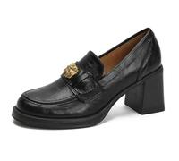 Qynthra Scarpe Uniforme Stile Preppy Tacco Grosso Punta Rotonda Mocassini Slip On per Scuola e Pendolarismo Pelle Microfibra Rialzo Interno,Nero,38 EU