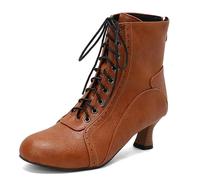 Qynthra Stivaletti Stile Vittoriano Donna Tronchetti Bassi con Tacco Largo Punta Tonda Stringati Davanti in Ecopelle per Cocktail E Ricevimento di Nozze,Giallo,41 EU